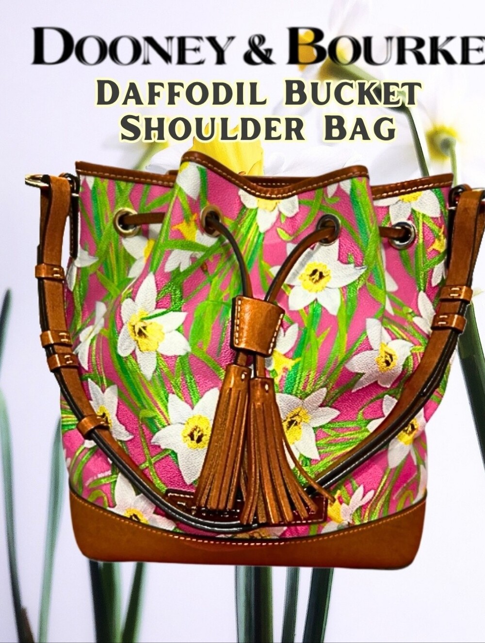 Dooney & Bourke Pink Daffodil Print Bucket Shoulder Bag with Tan Trim